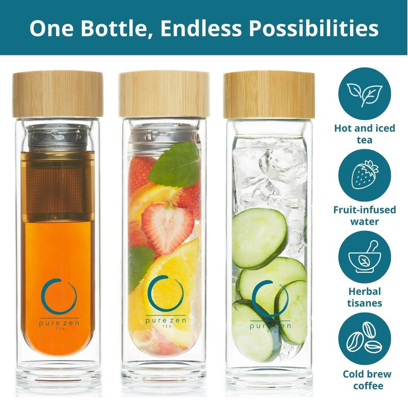 Pure Zen Tea Infuser Bottle - Insulated Glass Bottle for Loose Leaf Infusions - Tea Tumbler with Infuser - Portable Travel Mug for Infused Water - Thermos with Diffuser on the Go - 15 oz - Image 4